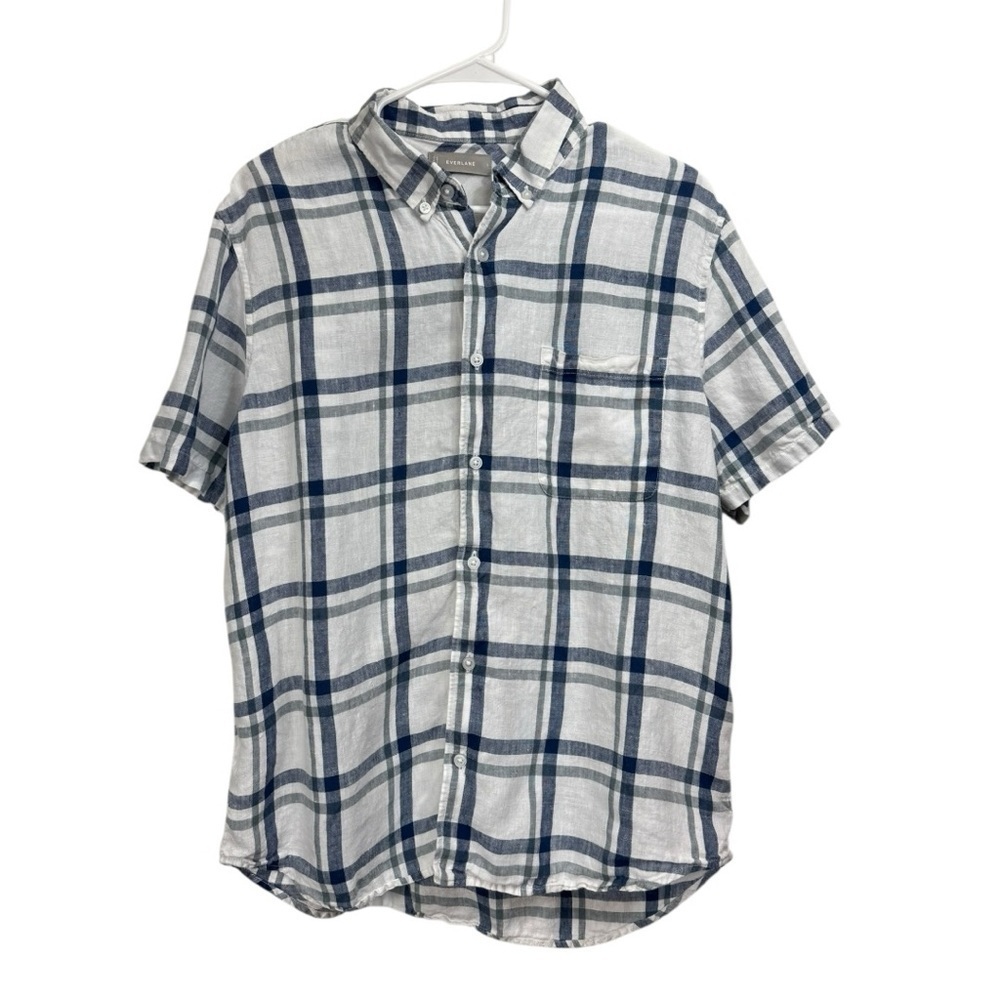 Everlane Mens Large The Linen White Windowpane Shirt Standard Fit Short Sleeve